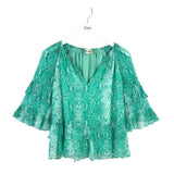 DIANE VON FURSTENBERG PYTHONPRINT RUFFLE 3/4 SLEEVE DESIGNER TOP TEAL WHITE SMALL