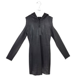 NWT LEATHER HOOD COLD SHOULDER LONG SLEEVE DESIGNER DRESS BLACK XSMALL