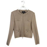 ST JOHN COUTURE KNIT ZIP LONG SLEEVE DESIGNER CARDIGAN OATMEAL 6