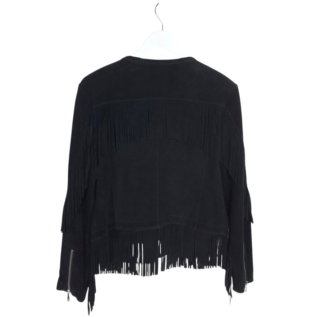 REBECCA MINKOFF LEATHER FRINGE DESIGNER JACKET BLACK MEDIUM