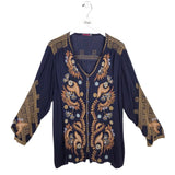 JOHNNY WAS EMBROIDERED LONG SLEEVE DESIGNER TOP NAVY TAN XLARGE