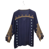 JOHNNY WAS EMBROIDERED LONG SLEEVE DESIGNER TOP NAVY TAN XLARGE