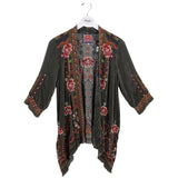 JOHNNY WAS VELVET EMBROIDERED 3/4 SLEEVE DESIGNER CARDIGAN OLIVE RUST SMALL