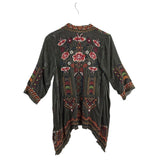 JOHNNY WAS VELVET EMBROIDERED 3/4 SLEEVE DESIGNER CARDIGAN OLIVE RUST SMALL