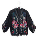 JOHNNY WAS EMBROIDERED LONG SLEEVE DESIGNER BLOUSE BLACK PINK LARGE