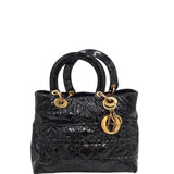 DIOR QUILTED PATENT LEATHER "LADY DIOR" LUXE HANDBAG BLACK 10”x7.5”x4.5”