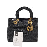 DIOR QUILTED PATENT LEATHER "LADY DIOR" LUXE HANDBAG BLACK 10”x7.5”x4.5”
