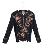 JOHNNY WAS EMBROIDERED LONG SLEEVE DESIGNER SWEATER BLACK ORANGE SMALL