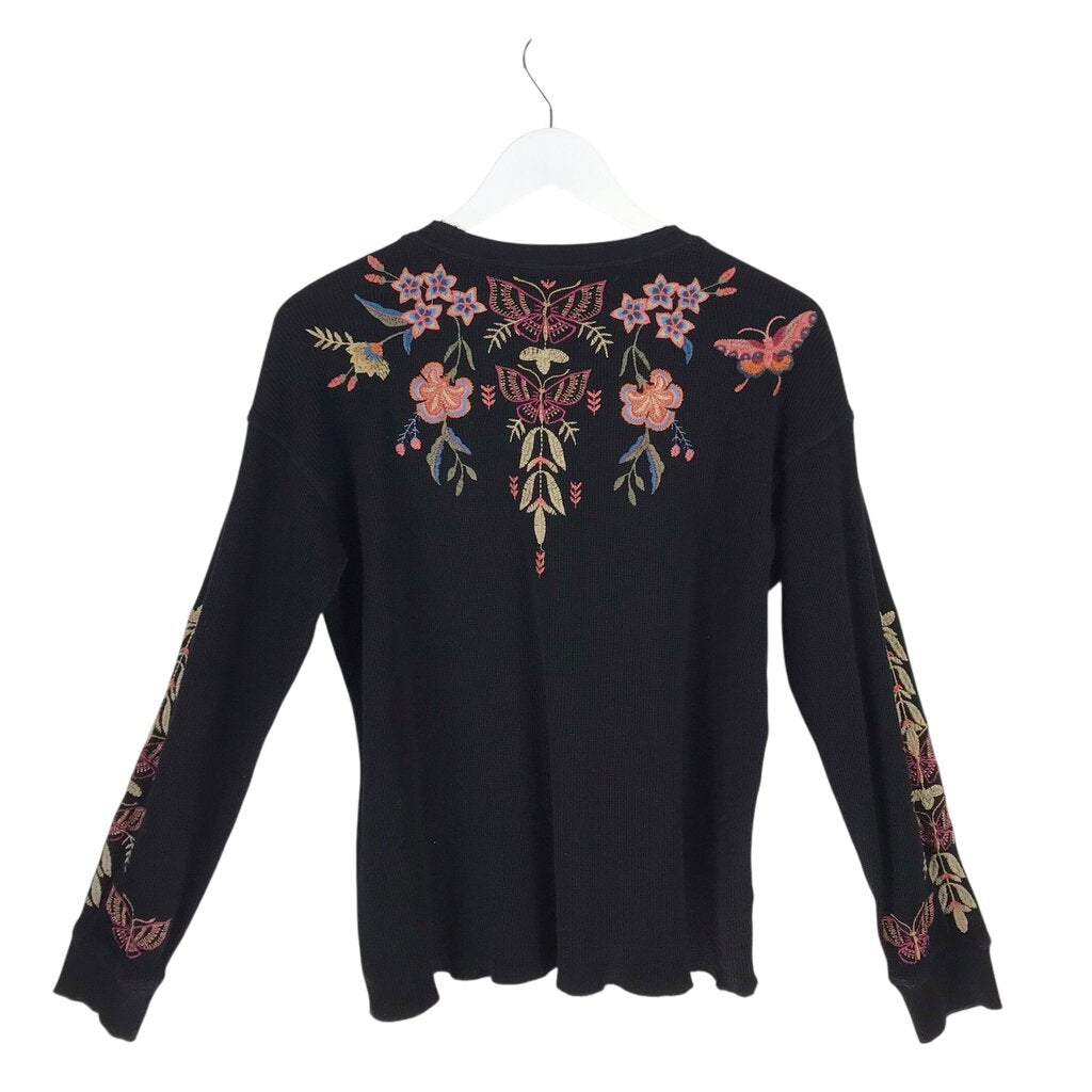 JOHNNY WAS EMBROIDERED LONG SLEEVE DESIGNER SWEATER BLACK ORANGE SMALL