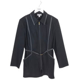ST JOHN SPORT LEATHER TRIM LONG SLEEVE BELTED DESIGNER BLAZER BLACK MEDIUM