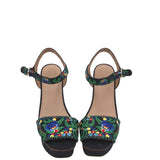 TORY BURCH WEDGE EMBROIDERED SANDAL DESIGNER SHOES BLUE GREEN 8.5M