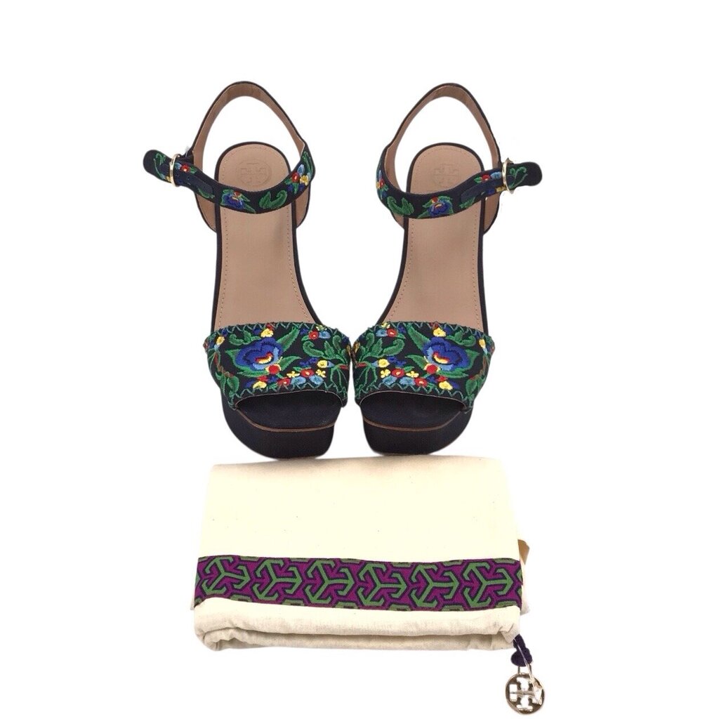 TORY BURCH WEDGE EMBROIDERED SANDAL DESIGNER SHOES BLUE GREEN 8.5M