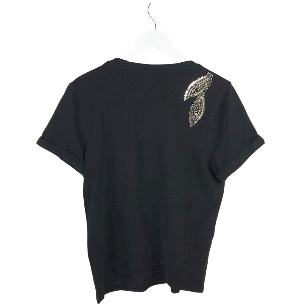 RET$325 BEADED TEE DESIGNER TOP BLACK SILVER SMALL