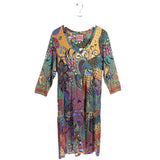 JOHNNY WAS FLORAL 3/4 SLEEVE DESIGNER DRESS GREEN BLUE XLARGE