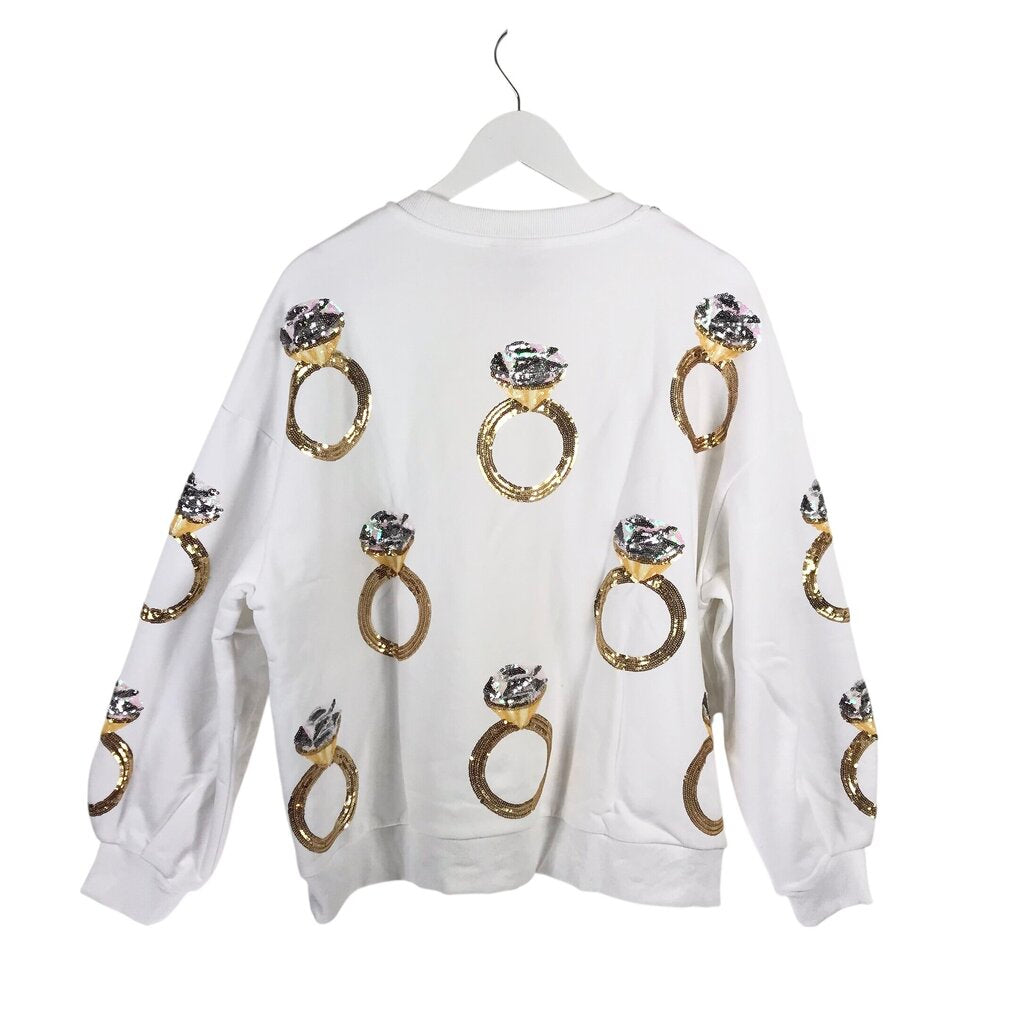 QUEEN OF SPARKLES SEQUIN SWEATSHIRT DESIGNER SWEATER WHITE GOLD MEDIUM