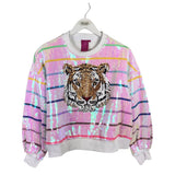 QUEEN OF SPARKLES RET$190 TIGER CREWNECK DESIGNER TOP WHITE GOLD XSMALL
