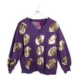 QUEEN OF SPARKLES RET$208 FOOTBALL SWEATSHIRT DESIGNER SWEATER GOLD PURPLE XSMALL