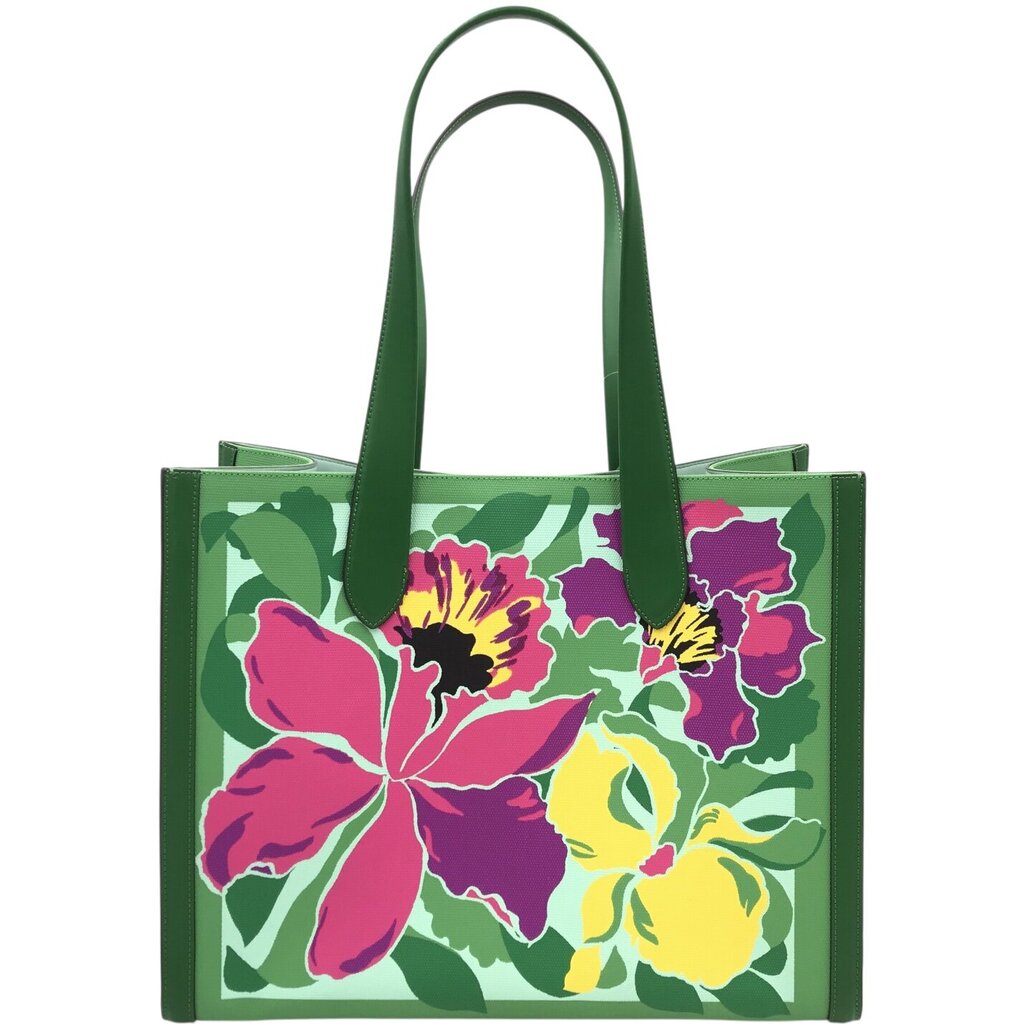 KATE SPADE RET$448 CANVAS LEATHER TOTE HANDBAG GREEN PINK 16”x12”x7”
