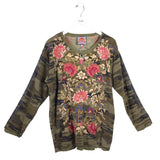 JOHNNY WAS THERMAL EMBROIDERED DESIGNER TOP OLIVE CORAL XXL