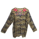 JOHNNY WAS THERMAL EMBROIDERED DESIGNER TOP OLIVE CORAL XXL