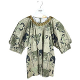 SHERIDAN FRENCH PRNT BEAD TRIM PUFF SLEEVE DESIGNER TOP BEIGE GREY MEDUIM