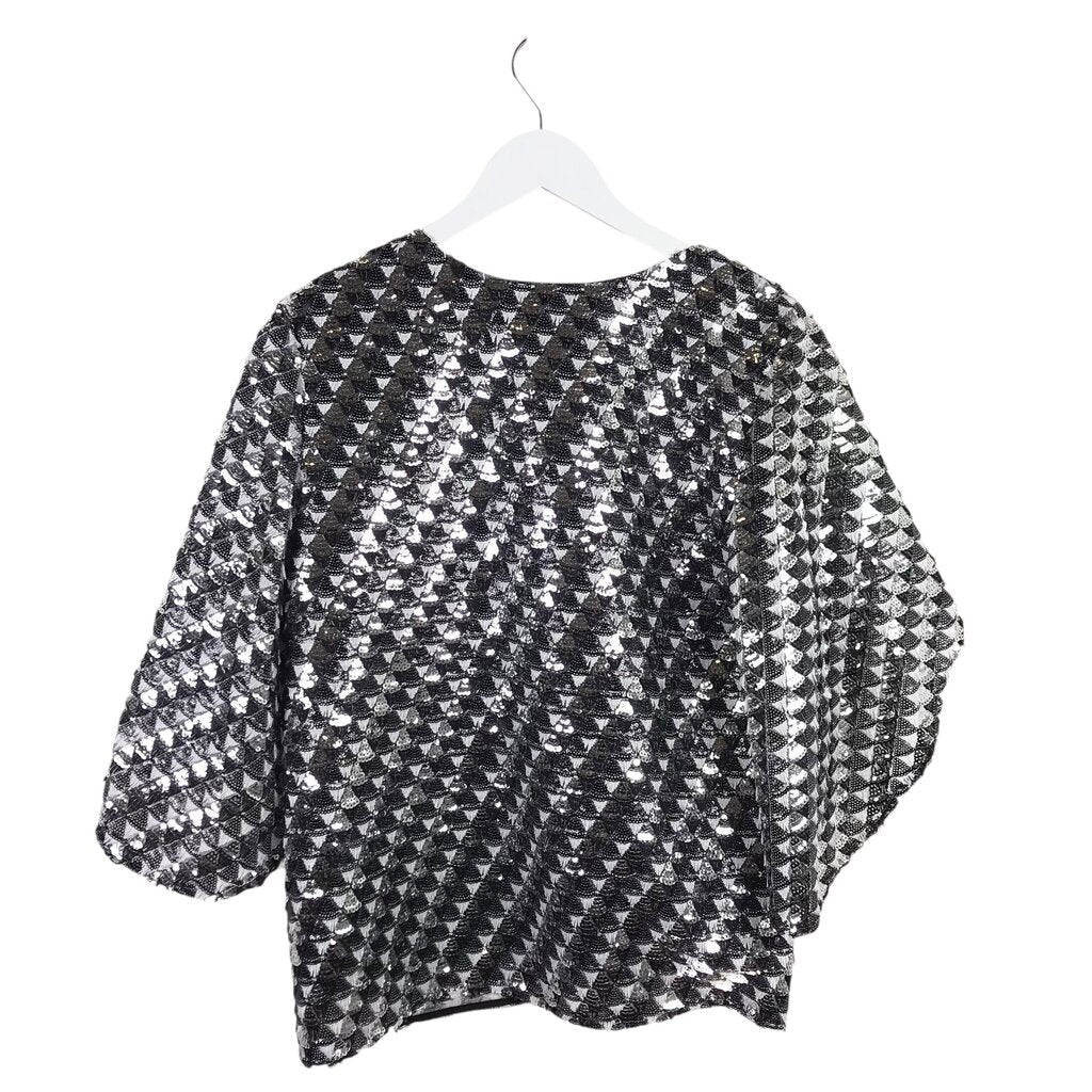ANNA CATE NWT$298 SEQUIN FLARE SLEEVE DESIGNER TOP SILVER WHITE MEDIUM