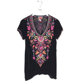 JOHNNY WAS EMBROIDERED SHORT SLEEVE DESIGNER TOP BLACK PINK SMALL