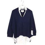 BROCHU WALKER NWT$398 WOOL/CASHMERE LONG SLEEVE DESIGNER SWEATER NAVY WHITE LARGE