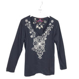 JOHNNY WAS EMBROIDERED LONG SLEEVE TEE DESIGNER TOP BLACK WHITE XLARGE