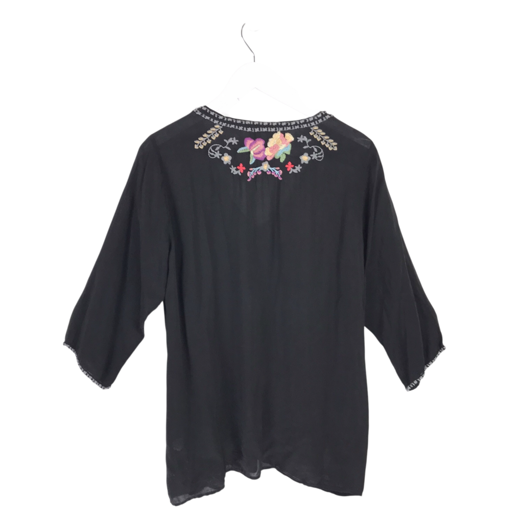 JOHNNY WAS EMBROIDERED LONG SLEEVE DESIGNER TOP BLACK PURPLE LARGE