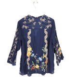 JOHNNY WAS NWT$260 EMBROIDERED LONG SLEEVE DESIGNER TOP NAVY TAN MEDIUM