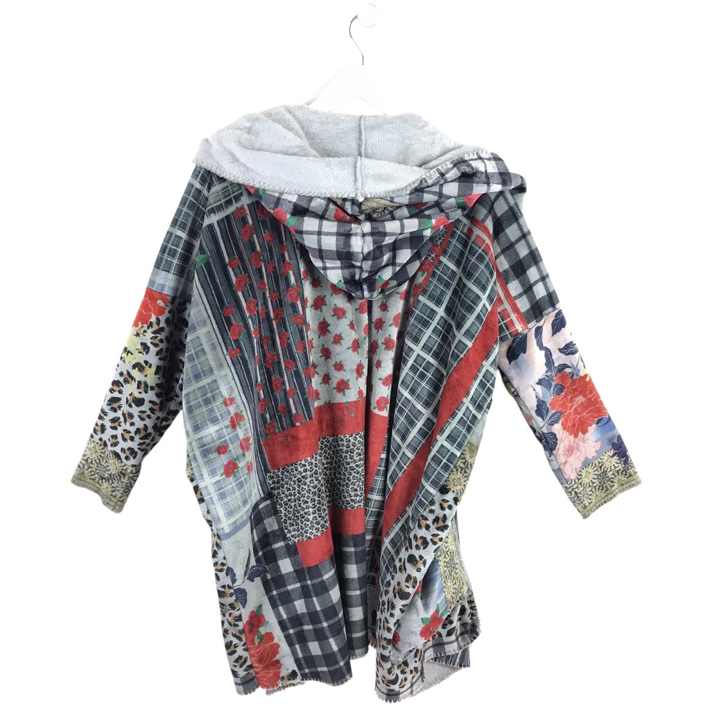 JOHNNY WAS SHERPA HOODIE DESIGNER JACKET GRAY RED XS