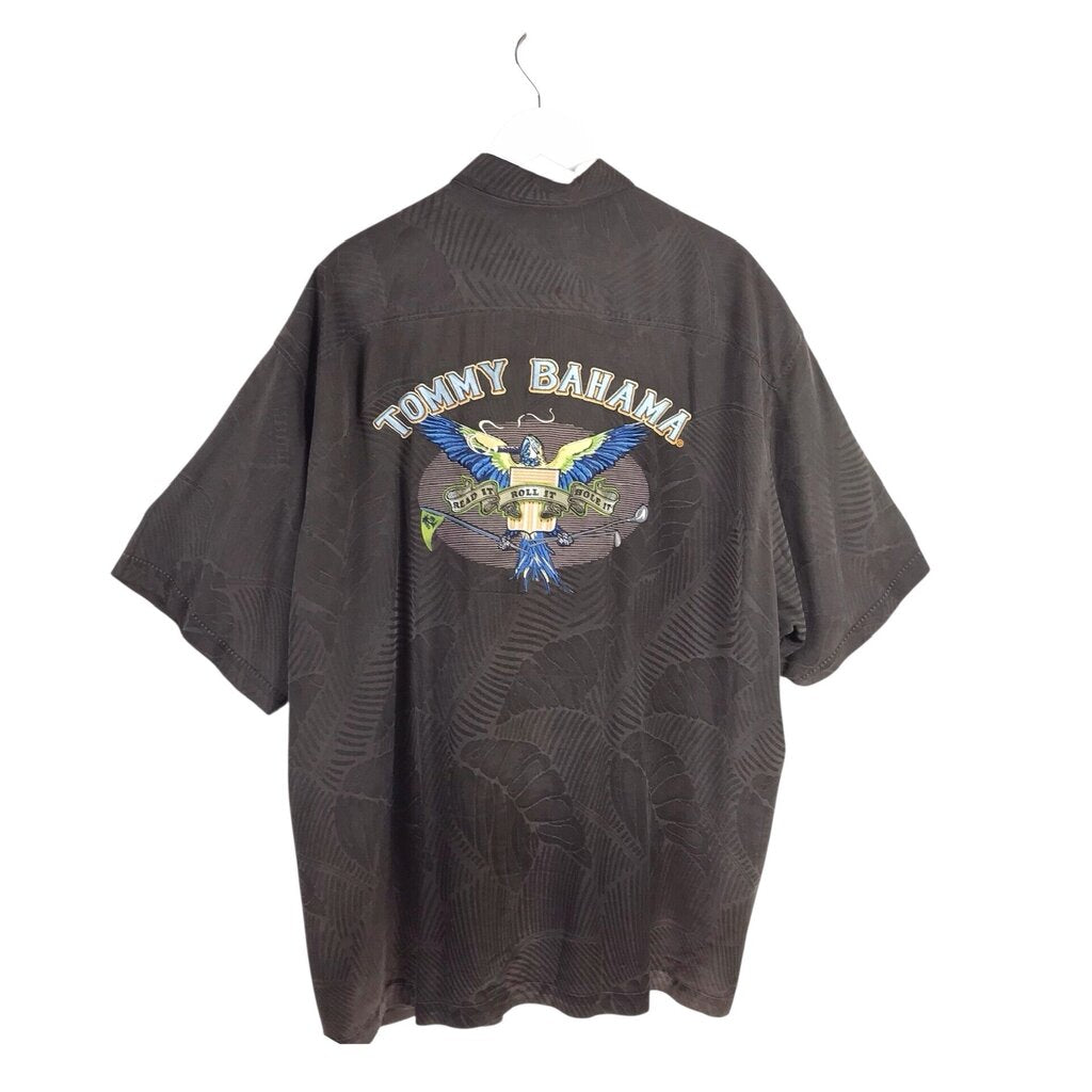TOMMY BAHAMA SILK EMBROIDERED SHORT SLEEVE MEN SHIRT BROWN XXL
