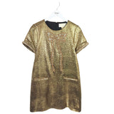 RET$395 EMBELLISHED SHORT SLEEVE DESIGNER DRESS GOLD BLACK MEDIUM