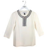 ST JOHN EVENING 3/4 SLEEVE BEADED DESIGNER SWEATER CREAM BLACK SMALL