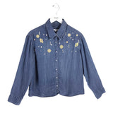 CHICO'S EMBELLISHED DENIM LONG SLEEVE BLOUSE BLUE GOLD 1