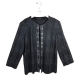 MING WANG PLAID 3/4 SLEEVE DESIGNER CARDIGAN GREY BLACK LARGE