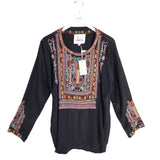JOHNNY WAS NWT$295 EMBROIDERED TUNIC DESIGNER TOP BLACK BLUE MEDIUM