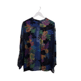 JOHNNY WAS NWT$340 LONG SLEEVE DESIGNER BLOUSE BLUE BLACK XLARGE