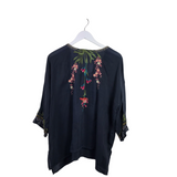 JOHNNY WAS EMBROIDERED 3/4 SLEEVE DESIGNER TOP NAVY MULTI XLARGE