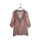 JOHNNY WAS EMBROIDERED 3/4 SLEEVE DESIGNER TOP PINK MULTI LARGE