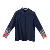 TORY BURCH 100% SILK LONG SLEEVE DESIGNER BLOUSE NAVY RED 12