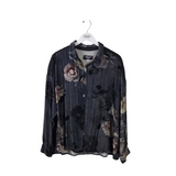 JOHNNY WAS VELOUR FLORAL LONG SLEEVE DESIGNER BLOUSE GREY BLACK MEDIUM