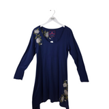 JOHNNY WAS EMBROIDERED KNIT LONG SLEEVE DESIGNER DRESS NAVY LARGE