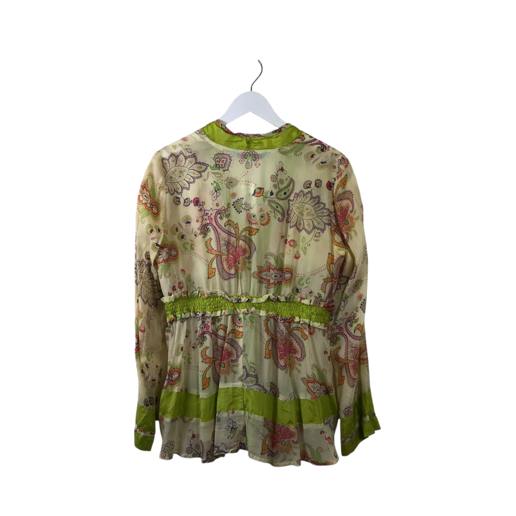 JOHNNY WAS PRINT LONG SLEEVE TIE WAIST DESIGNER TOP CREAM MULTI MEDIUM