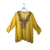 JOHNNY WAS EMBROIDERED LONG SLEEVE DESIGNER TOP YELLOW MULTI LARGE