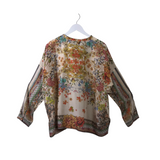 JOHNNY WAS SILK FLORAL LONG SLEEVE DESIGNER BLOUSE CREAM MULTI LARGE