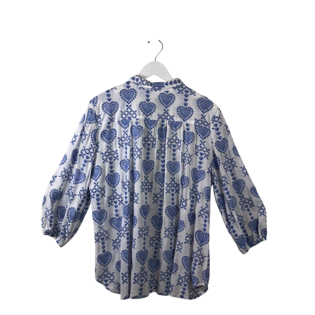 JOHNNY WAS BRODERIE LONG SLEEVE DESIGNER BLOUSE WHITE BLUE LARGE