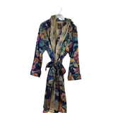 JOHNNY WAS FLORAL HOODIE ROBE DESIGNER LOUNGEWEAR BEIGE NAVY L/XL