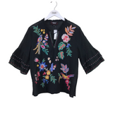JOHNNY WAS EMBROIDERED BELL SLEEVE DESIGNER TOP BLACK BLUE SMALL
